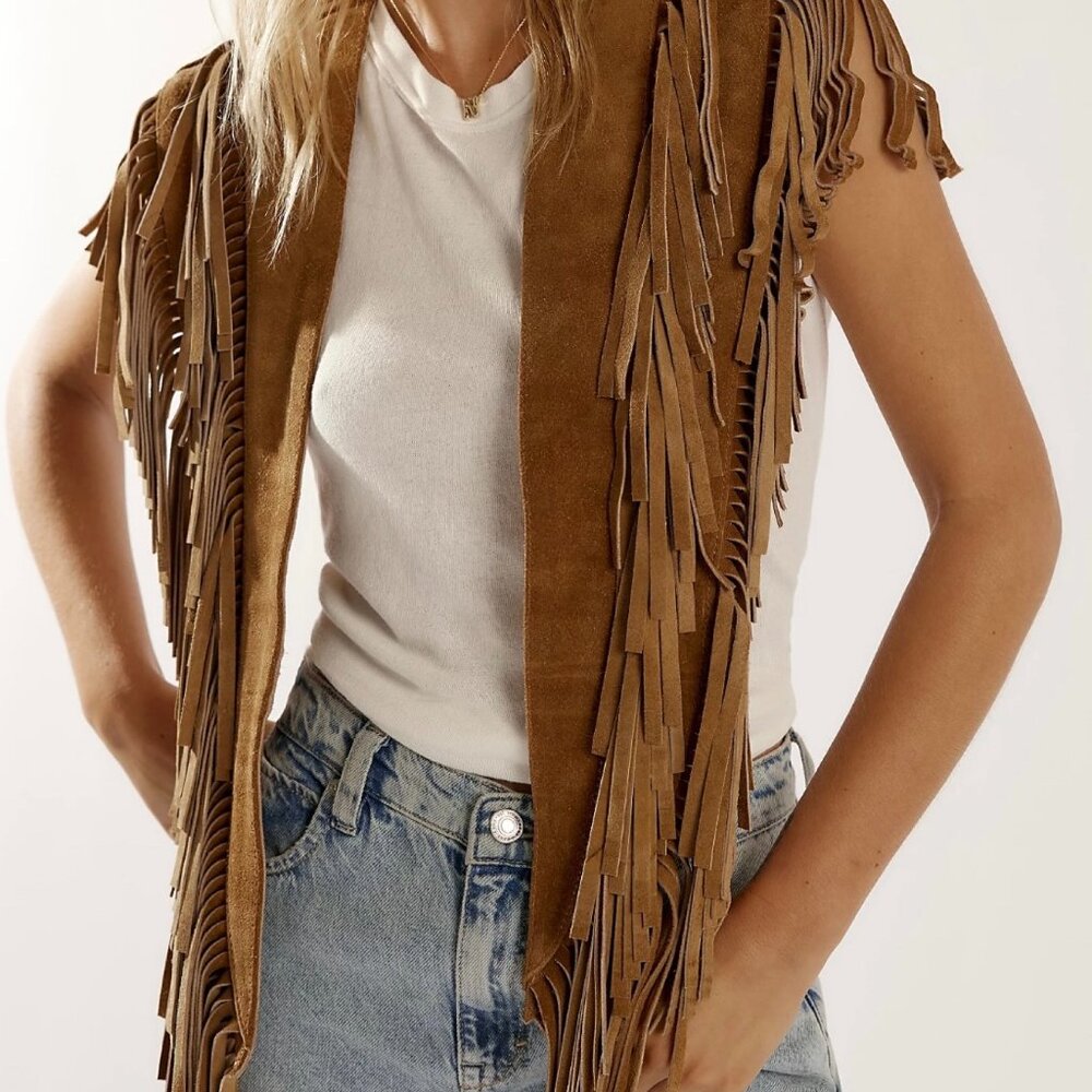 Free People Western Fringe Leather Shawl NWT OS | Tan Suede Fringe Wrap Boho - Picture 4 of 12